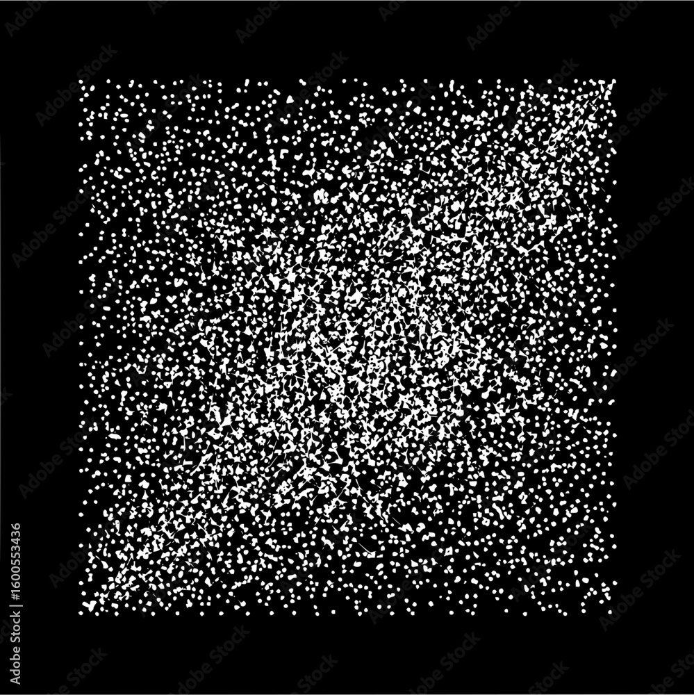 Poster dense scattering of white dots on a black background creating a textured and speckled visual effect 