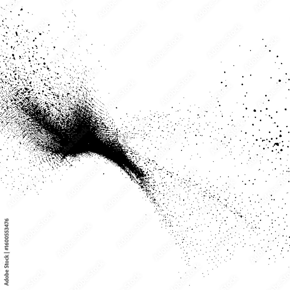 Poster black ink splatter effect with varying density on a white background creating a dynamic and abstract