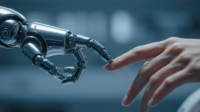 Robotic hand touching and turning crop cyborg on generated with ai