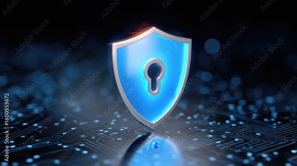 Poster glowing blue security shield symbolizing protection and data privacy. this concept represents cyber 