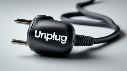 Black power plug with the word unplug on a white background. 3D illustration.