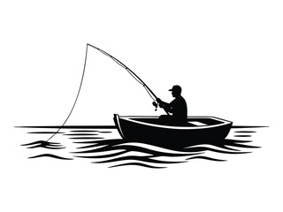 Silhouette of a man fishing in the sea on a boat