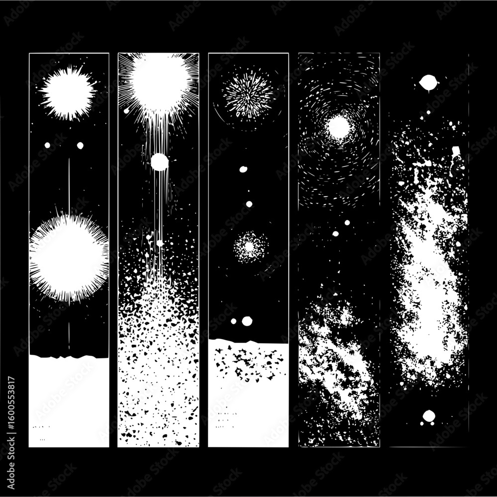 Poster five vertical panels showing abstract white shapes and patterns against a black background art style
