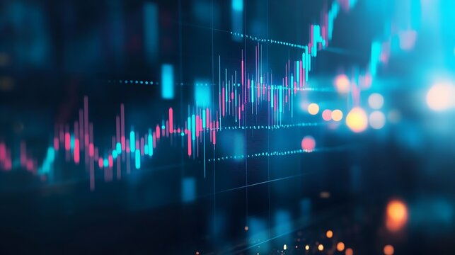 Abstract digital financial stock market chart with glowing blue and pink lines and bokeh lights in a dark background