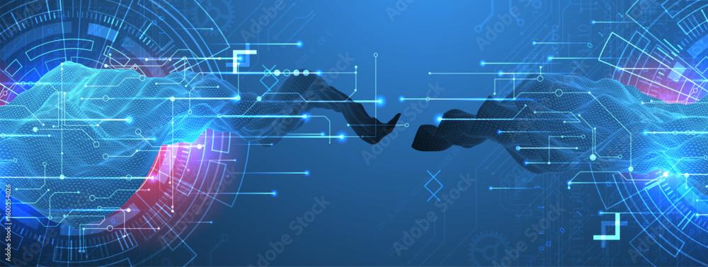 Poster Abstract data background with wireframe wave and circuit lines. Technology concept. Vector