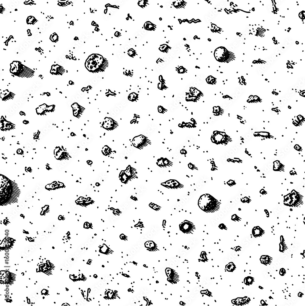 Poster monochrome seamless pattern of small asteroids and specks scattered across a white background surfac