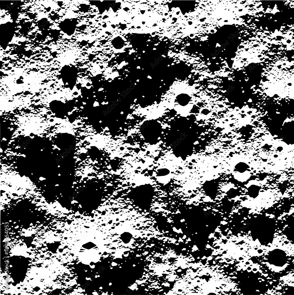 Poster black and white abstract grunge texture featuring irregular shapes and speckled patterns across the 