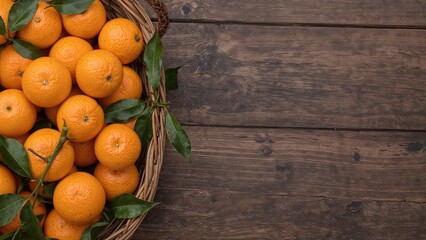 Basket of citrus fruits including mandarins and clementines with leaves on a rustic wooden surface, space for text