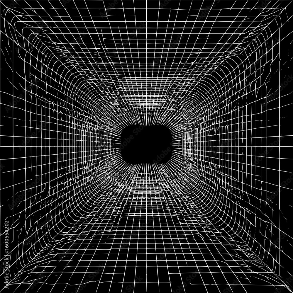 Poster perspective view of a tunnel with a white grid pattern leading to a dark opening at the end of the t