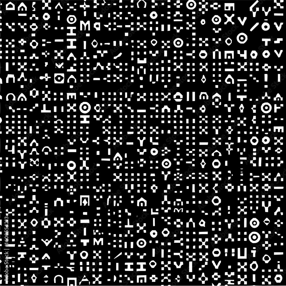 Poster dense arrangement of white geometric shapes and letter fragments on black background creating a patt
