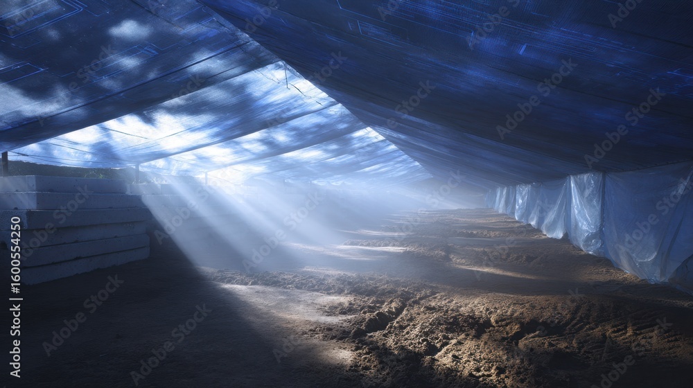 Poster sunlight filtering through translucent tarp, revealing rows of curing geopolymer bricks, highlightin
