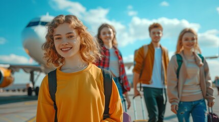 A group of cheerful young travelers, including a Caucasian girl with curly hair and three friends, walking towards a plane on a sunny day.