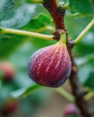 Close-Up of a Ripe Fresh Fig Fruit on Tree with Dew Drops, Natural Morning Light and Blurred Background