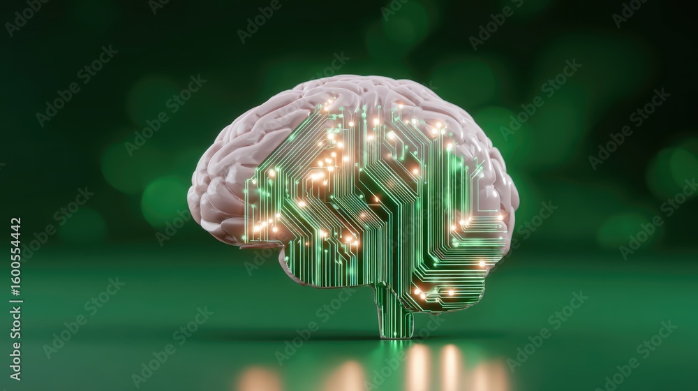 Poster artificial intelligence concept shows human brain connected to circuit board representing digital ne