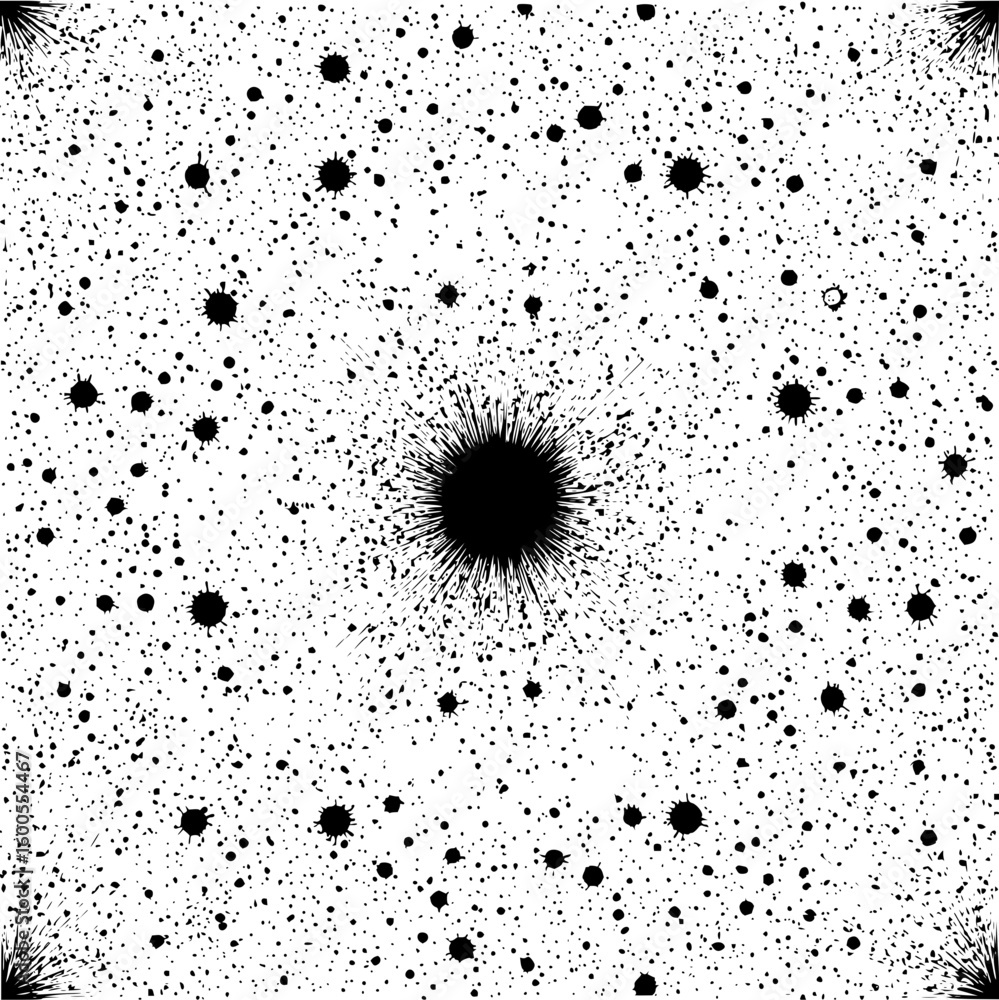 Poster black and white abstract pattern with radial bursts and scattered dots in a symmetrical arrangement