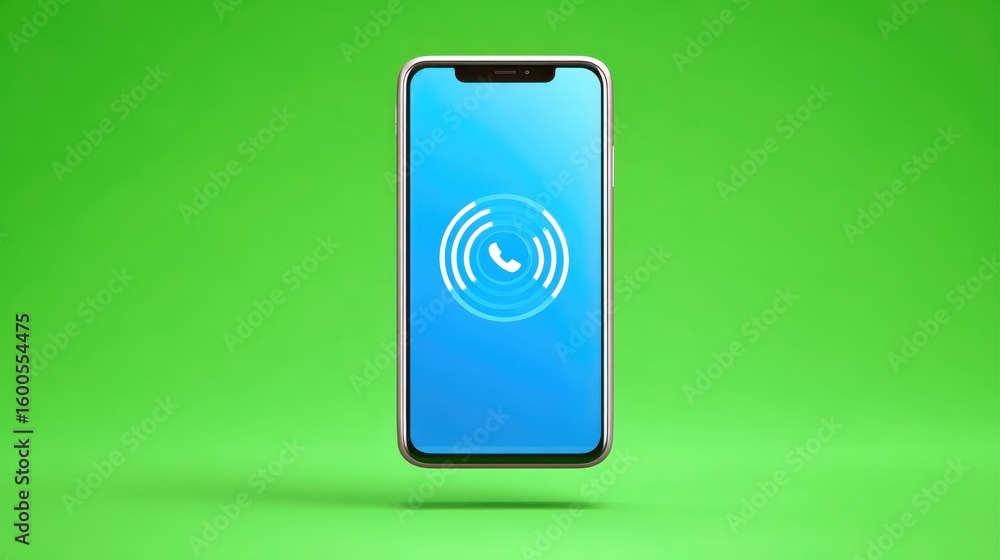 Poster ringing smartphone with an incoming call icon on blue screen. modern mobile device for communication