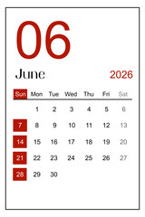 Calendar June 2026 sheet isolated on white background, Save clipping path.