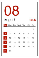 Calendar August 2026 sheet isolated on white background, Save clipping path.