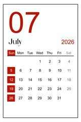 Calendar July 2026 sheet isolated on white background, Save clipping path.