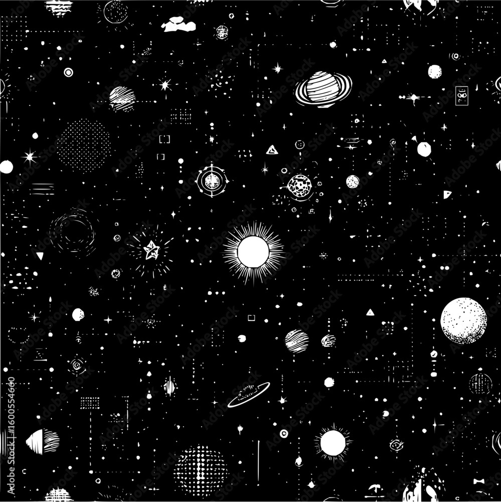 Poster illustration of a black and white seamless pattern featuring celestial objects in a cosmic setting v