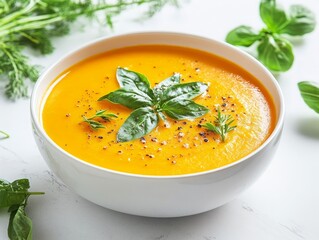 Creamy carrot soup garnished with fresh basil and herbs in a white bowl on modern kitchen countertop.