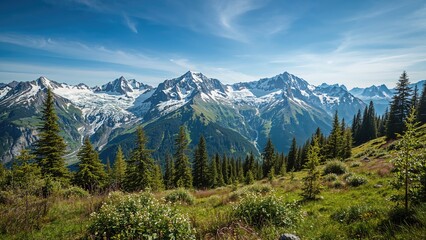 Brightly illuminated rugged hills with snowy tops and abundant foliage