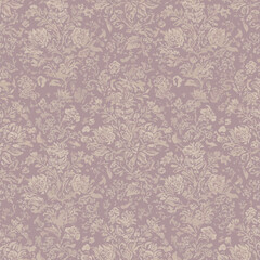 Intricate floral pattern featuring stylized flowers and foliage in muted beige and lavender tones, creating a vintage or antique aesthetic.