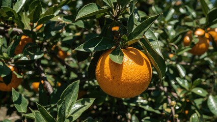 Branch full of ripe tangerines ready to be picked in a sunny orchard. Fresh and nutritious citrus growing naturally outside. Healthy fruit in a bright garden setting with copy space.