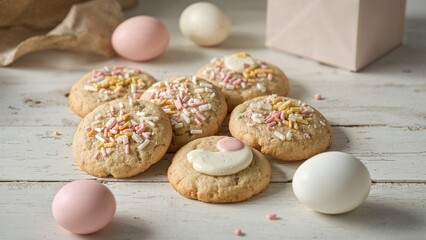Scrumptious spring holiday cookies alongside colorful eggs on a white wood backdrop