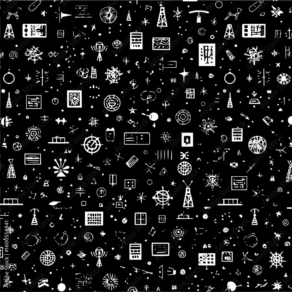 Poster monochrome pattern featuring abstract symbols and shapes on a black background design element artwor