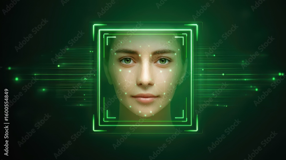 Poster calm woman face in futuristic facial recognition system. digital biometric scan for security identif