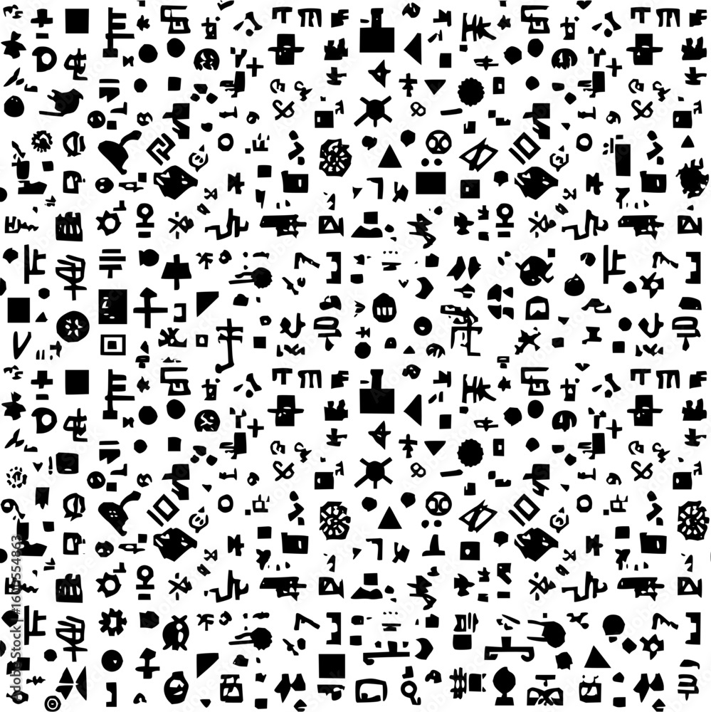 Poster monochrome background featuring a dense collection of abstract glyphs and geometric shapes in black 
