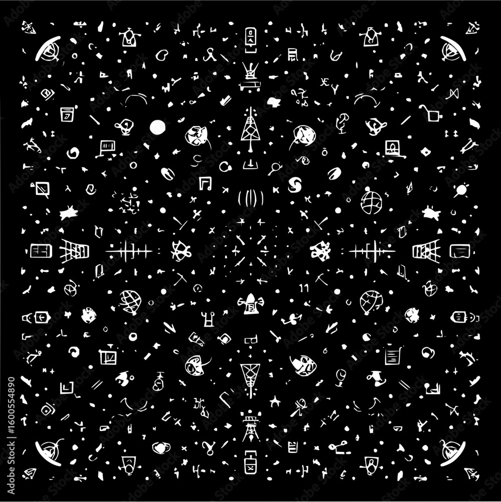 Leinwandbilder White doodles scattered on a black background create a chaotic and abstract visual pattern design