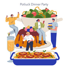 Potluck Dinner Party with Friends Sharing Dishes