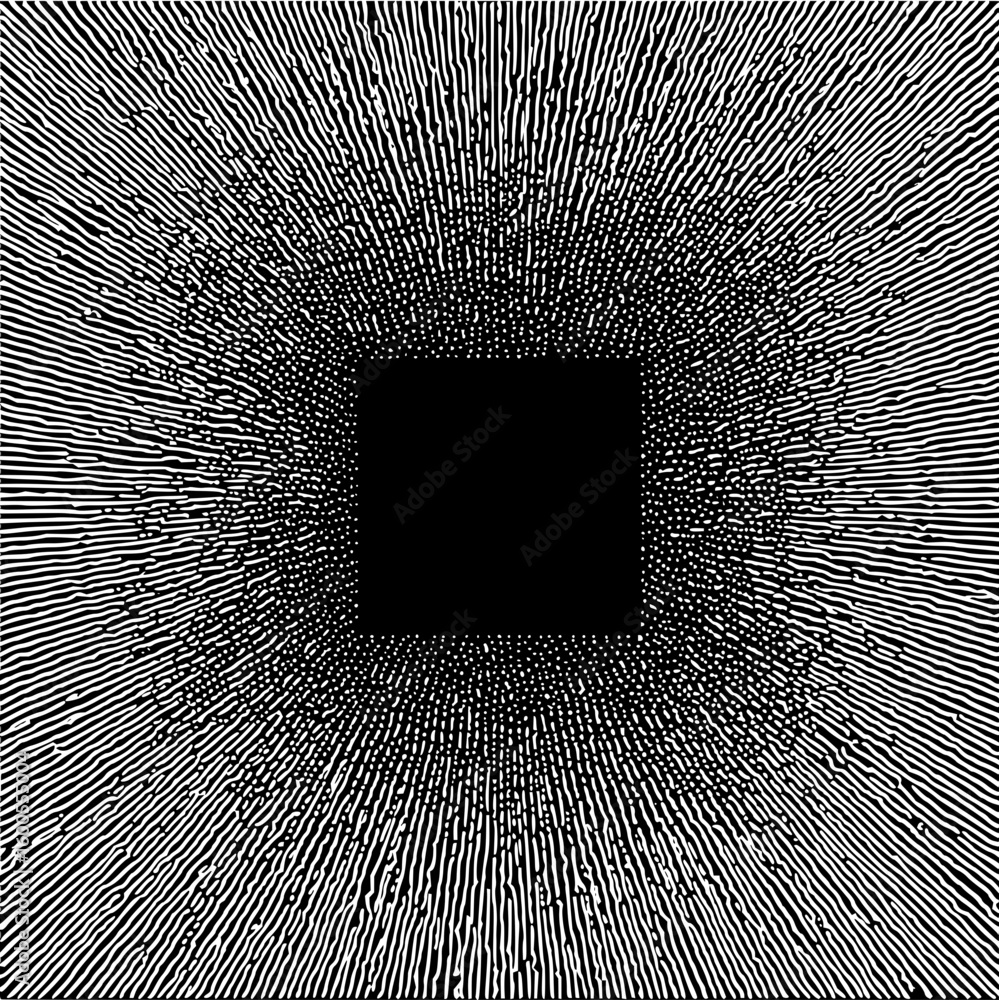Poster black square center surrounded by radiating lines creating an optical illusion of depth and movement