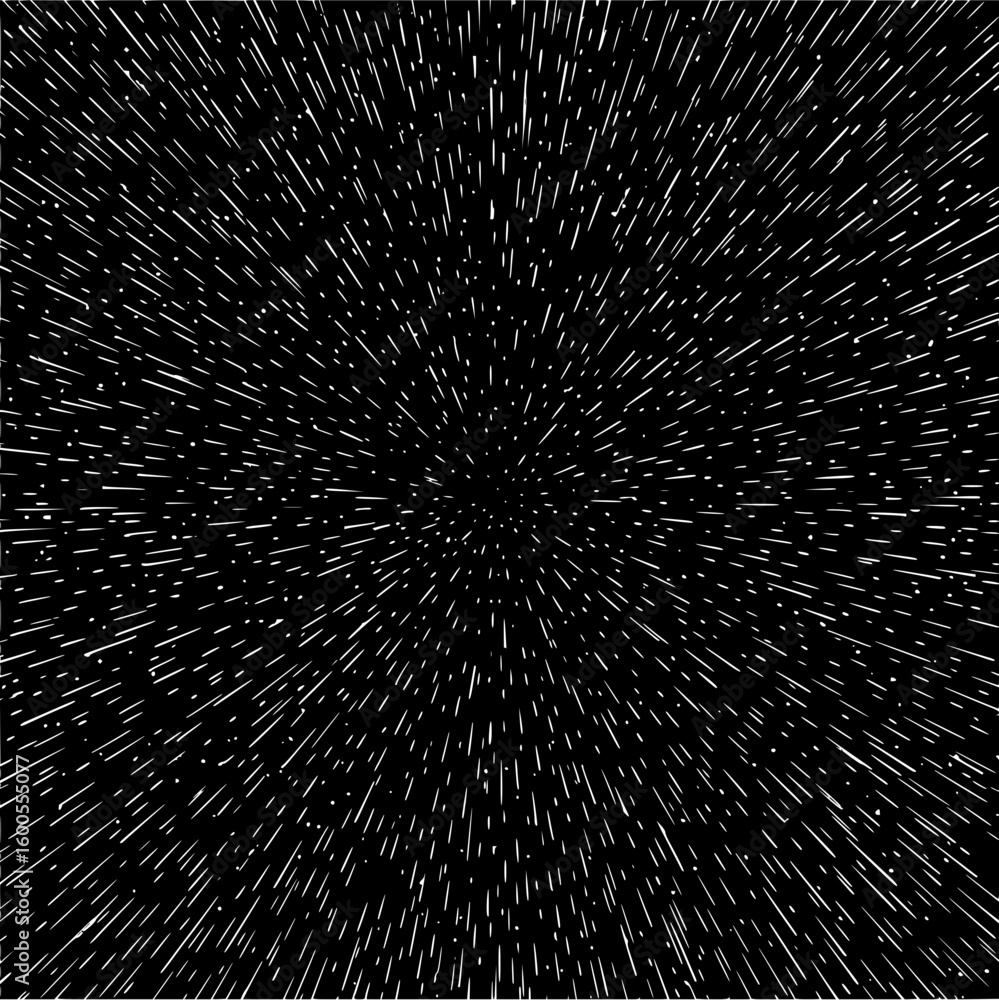 Poster white streaks radiating outward from a central point on a black background creating a starburst effe
