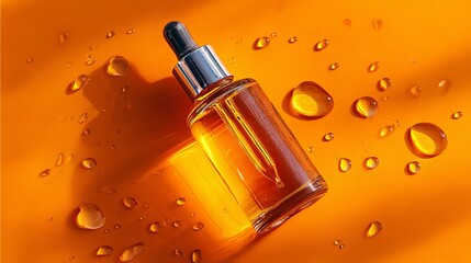 A bottle of hair growth serum on an orange background.