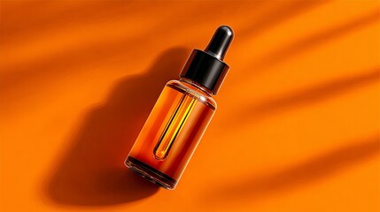 A bottle of hair growth serum on an orange background.