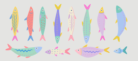 Colorful cartoon sardines set, cute fish collection, hand drawn marine animals, flat vector seafood illustration, whimsical underwater fauna, tropical sea life, ocean fish design, pastel playful child