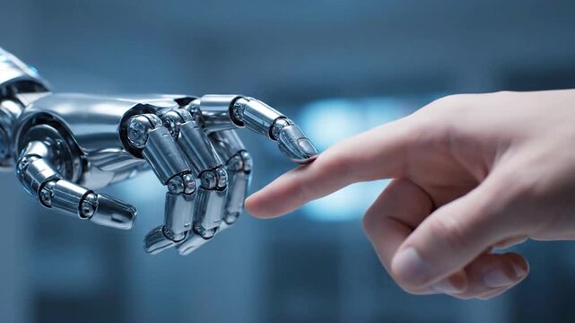 Robotic hand touching and turning crop cyborg on generated with ai