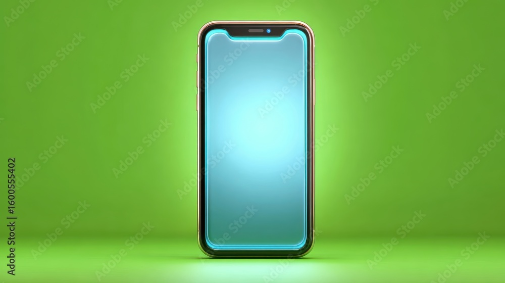 Poster modern smartphone with glowing blank screen display stands on bright green background. minimalist mo