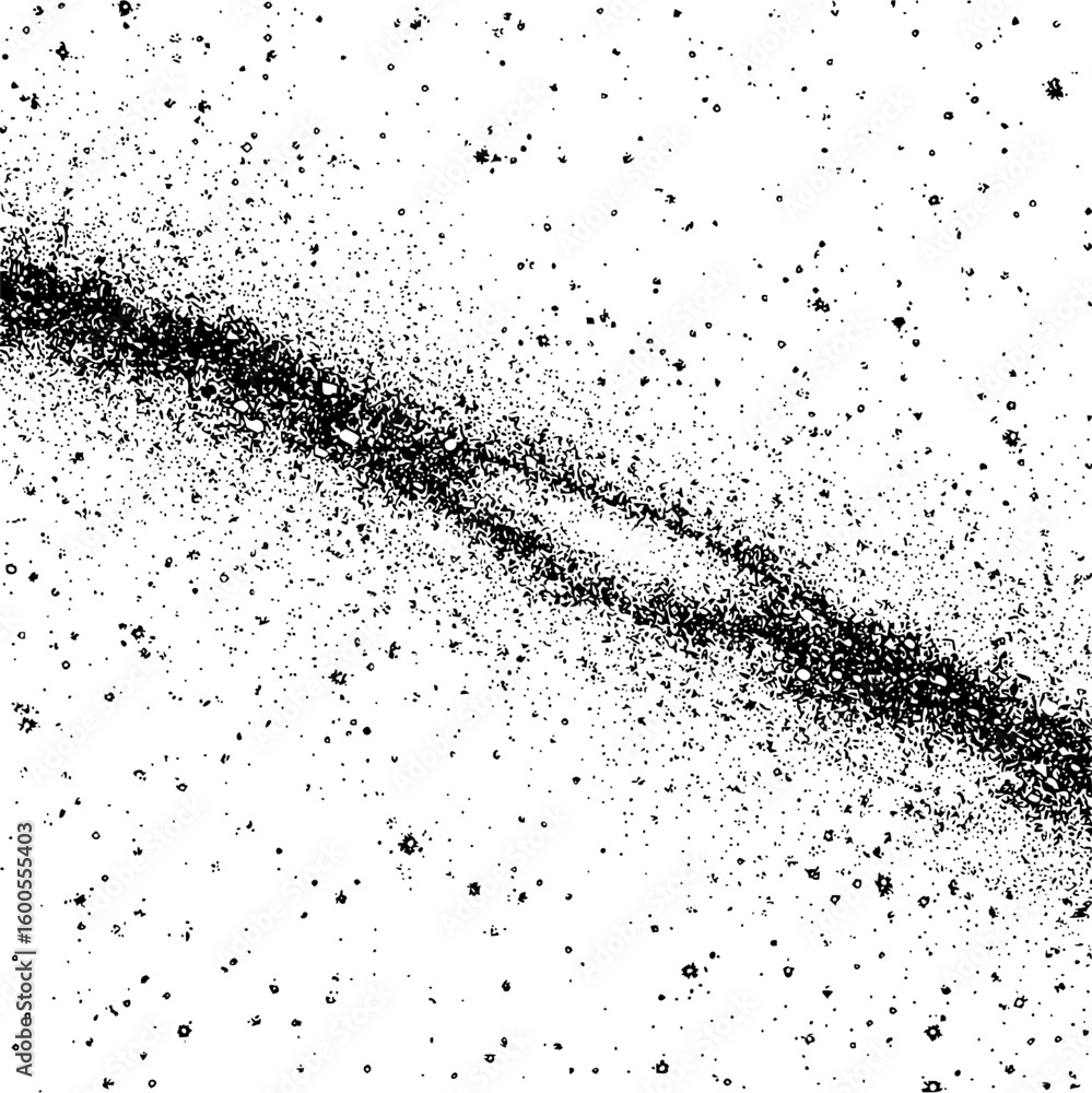 Poster a black and white image featuring a dense cluster of dots and scattered speckles across the surface 