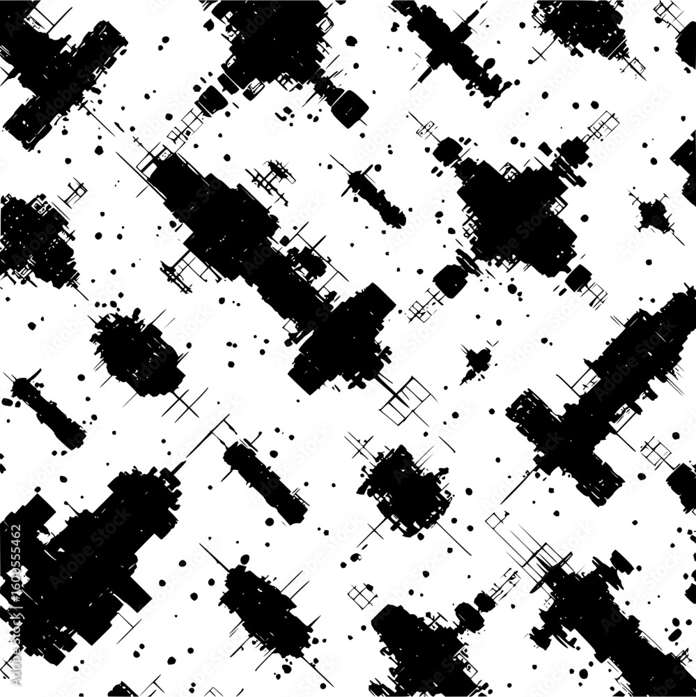 Poster black and white abstract pattern featuring geometric shapes and splatters in a seamless repeat desig