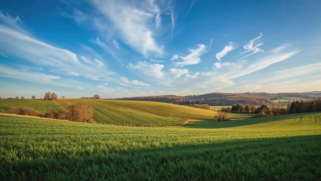 Vast green fields under a clear blue sky with wispy clouds and distant rolling hills in a serene agricultural landscape.