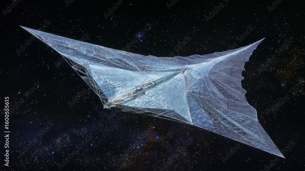 Poster luminous solar sail unfolding intricate patterns from high tech spooler against dark space backdrop,