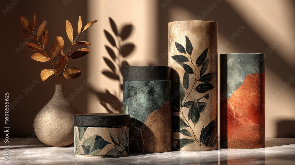 Poster assortment of cylindrical packaging displayed on a shelf with leaf shadows casting on the textured w