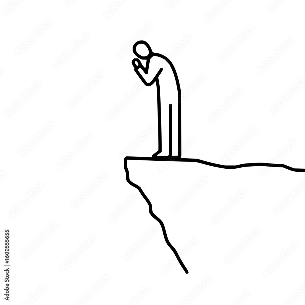 Poster stick figure standing on the edge of a cliff looking down with hands clasped in a simple line drawin
