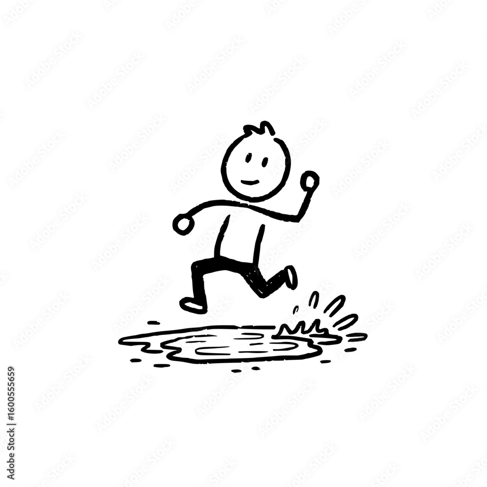 Poster stick figure running and splashing through a puddle of water with a happy expression on a white back