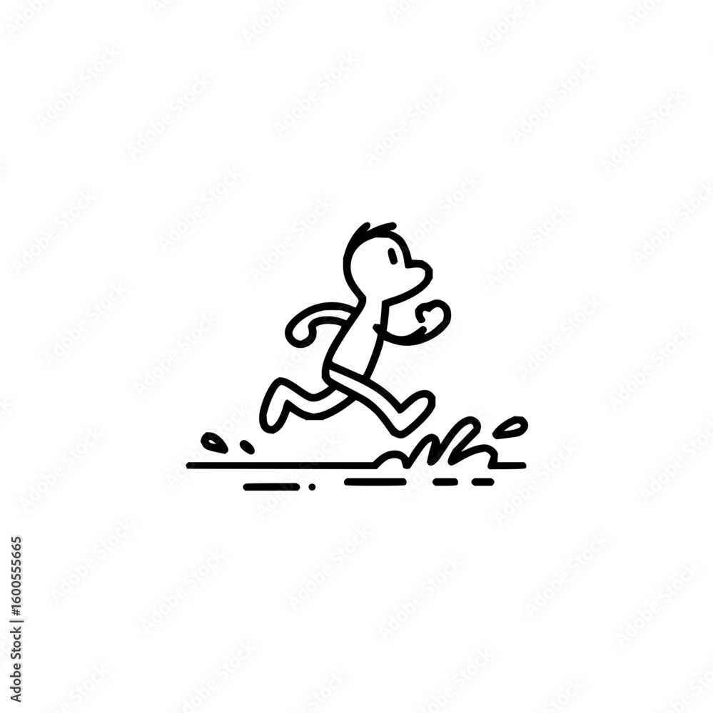 Poster stick figure running across water with splashes in a simple black and white line drawing style image