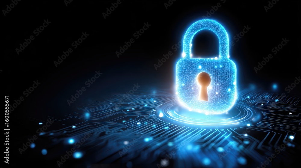 Aufkleber cybersecurity concept with glowing blue digital padlock on circuit board. symbol of data protection 